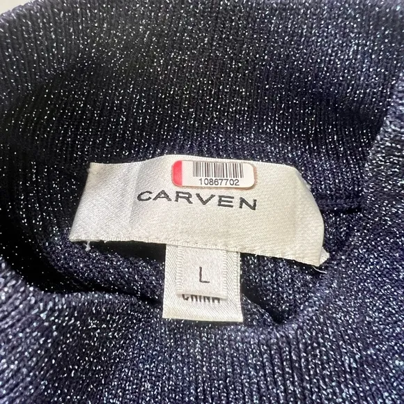 Carven Blue Sparkly Pleated Midi Dress Mock Neck Sleeveless Size L Metallic Luxe