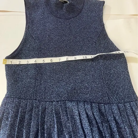 Carven Blue Sparkly Pleated Midi Dress Mock Neck Sleeveless Size L Metallic Luxe
