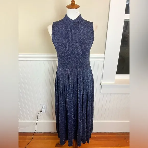 Carven Blue Sparkly Pleated Midi Dress Mock Neck Sleeveless Size L Metallic Luxe