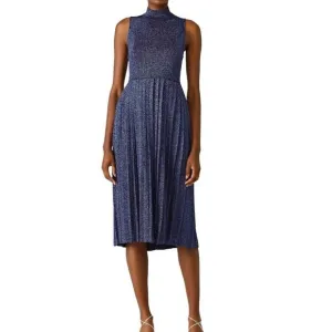 Carven Blue Sparkly Pleated Midi Dress Mock Neck Sleeveless Size L Metallic Luxe