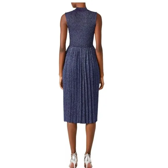 Carven Blue Sparkly Pleated Midi Dress Mock Neck Sleeveless Size L Metallic Luxe