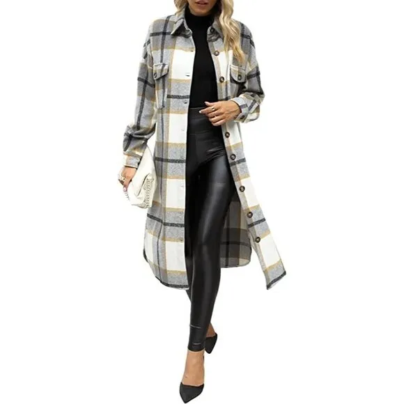 𝅺CASUAL Grey Plaid Button Down Long Puff Sleeve Trench Coat Jacket Shacket Wool
