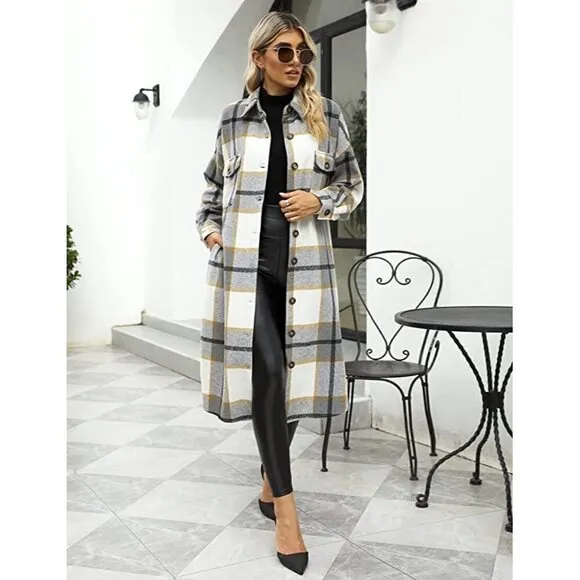 𝅺CASUAL Grey Plaid Button Down Long Puff Sleeve Trench Coat Jacket Shacket Wool