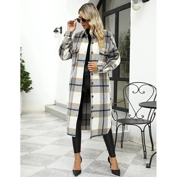 𝅺CASUAL Grey Plaid Button Down Long Puff Sleeve Trench Coat Jacket Shacket Wool