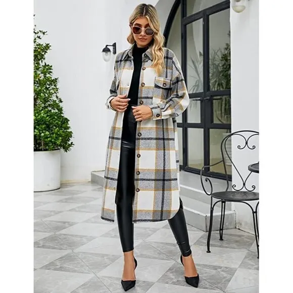 𝅺CASUAL Grey Plaid Button Down Long Puff Sleeve Trench Coat Jacket Shacket Wool