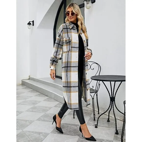 𝅺CASUAL Grey Plaid Button Down Long Puff Sleeve Trench Coat Jacket Shacket Wool