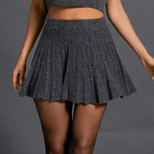 Casual Minimalist Pleated Mini Sweater Skirt, Autumn/Winter