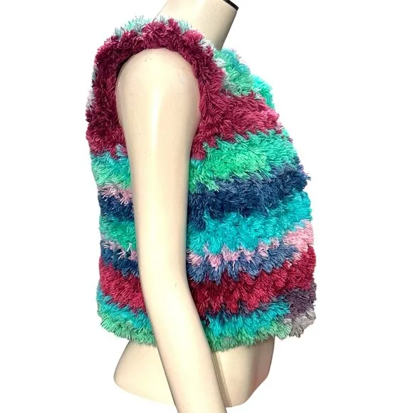 CCC Handmade Fluffy Striped Vest Soft Furry Texture Cozy Sleeveless Unique Color