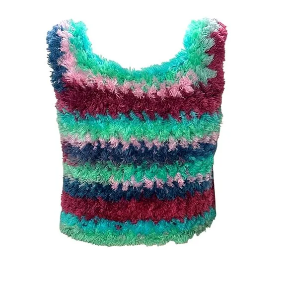CCC Handmade Fluffy Striped Vest Soft Furry Texture Cozy Sleeveless Unique Color