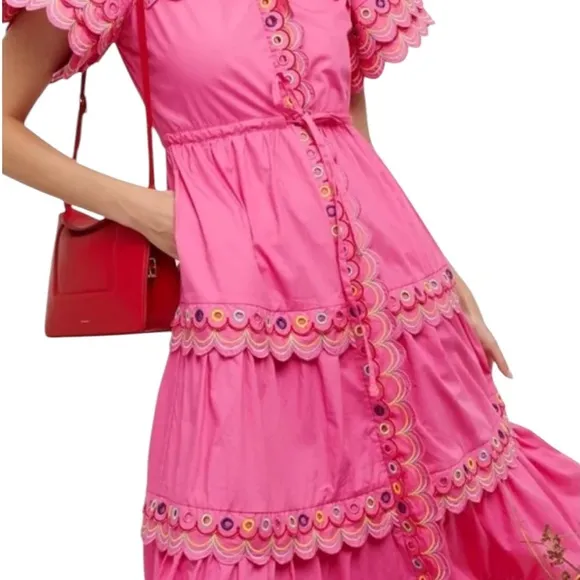 CeliaB XS Alvis Embroidered Scalloped Midi Dress Fuschia Pink