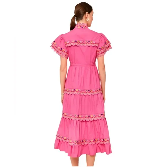 CeliaB XS Alvis Embroidered Scalloped Midi Dress Fuschia Pink