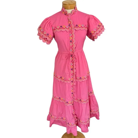 CeliaB XS Alvis Embroidered Scalloped Midi Dress Fuschia Pink