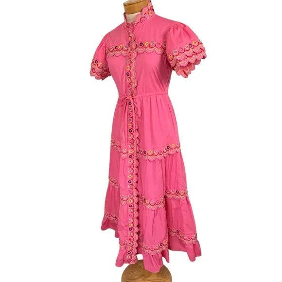 CeliaB XS Alvis Embroidered Scalloped Midi Dress Fuschia Pink