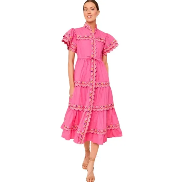 CeliaB XS Alvis Embroidered Scalloped Midi Dress Fuschia Pink
