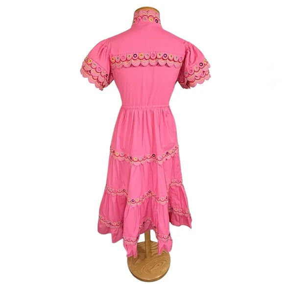 CeliaB XS Alvis Embroidered Scalloped Midi Dress Fuschia Pink