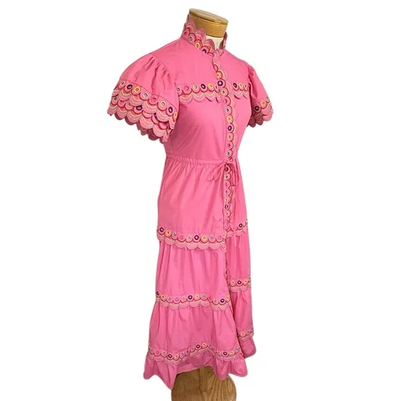 CeliaB XS Alvis Embroidered Scalloped Midi Dress Fuschia Pink