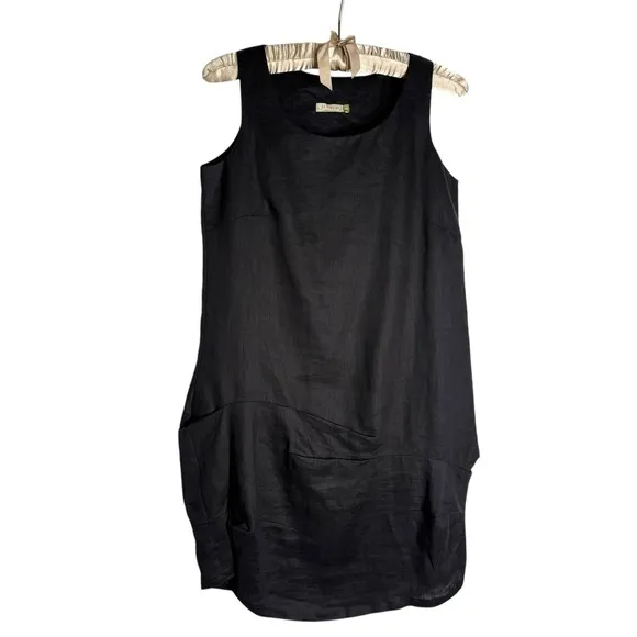 Chalet Et Cici 100% Linen Dress XS Lagenlook Asymmetric Minimalist Artsy Black