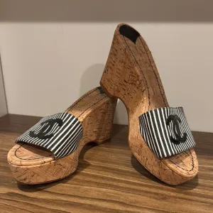 CHANEL Black and White Wedge Sandals
