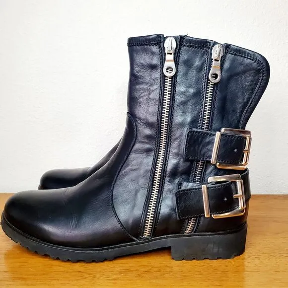 Charles David Black Leather Combat Moto Buckle Boot Biker Italy Womens SZ 6.5