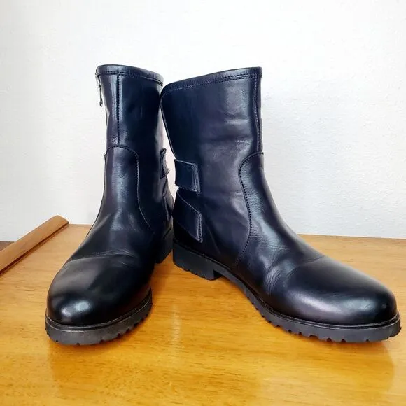 Charles David Black Leather Combat Moto Buckle Boot Biker Italy Womens SZ 6.5