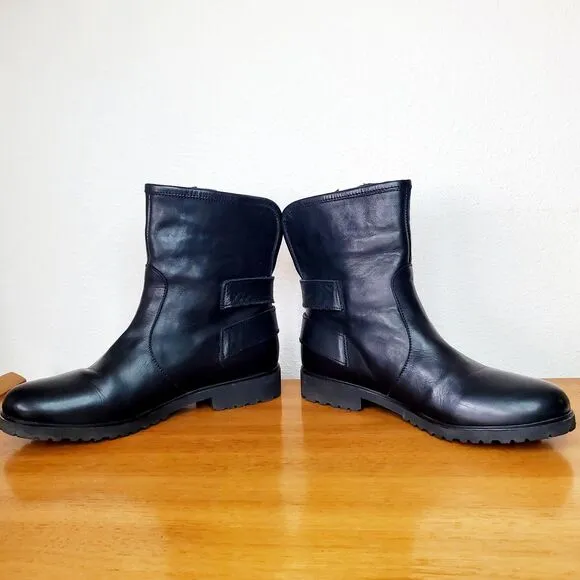 Charles David Black Leather Combat Moto Buckle Boot Biker Italy Womens SZ 6.5