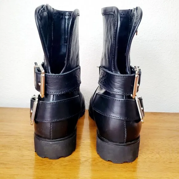 Charles David Black Leather Combat Moto Buckle Boot Biker Italy Womens SZ 6.5