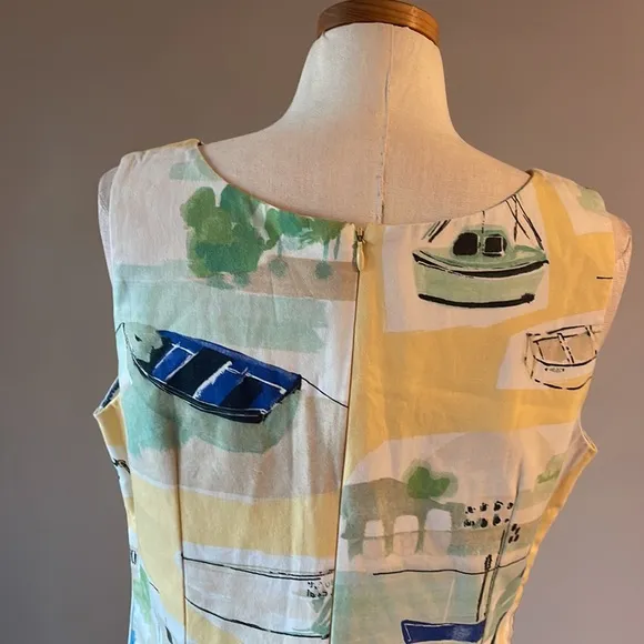 Charlotte Kellogg RESORT LUXURY dress boat scene print cotton stretch VTG 14