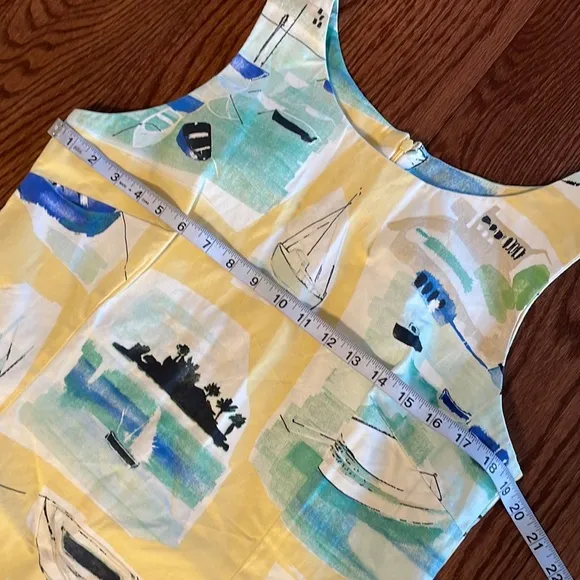 Charlotte Kellogg RESORT LUXURY dress boat scene print cotton stretch VTG 14