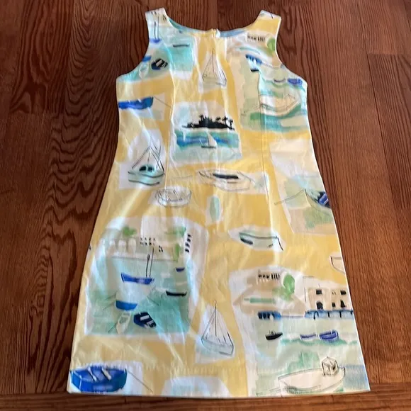 Charlotte Kellogg RESORT LUXURY dress boat scene print cotton stretch VTG 14