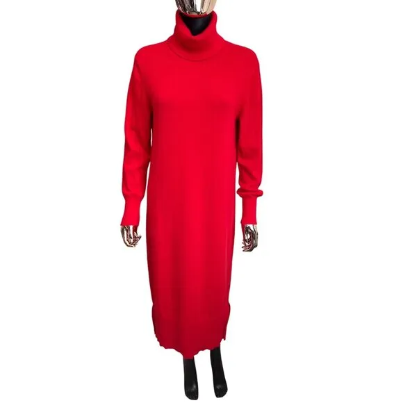Charter Club Luxury 100% Cashmere Red Turtleneck Midi Sweater Dress M