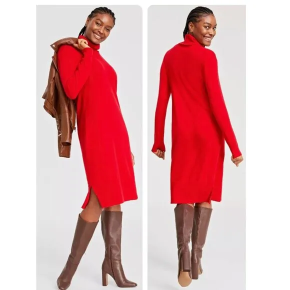 Charter Club Luxury 100% Cashmere Red Turtleneck Midi Sweater Dress M