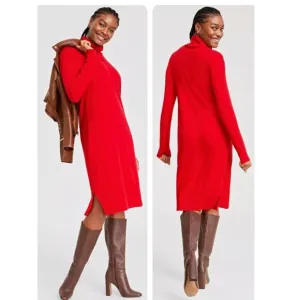Charter Club Luxury 100% Cashmere Red Turtleneck Midi Sweater Dress M