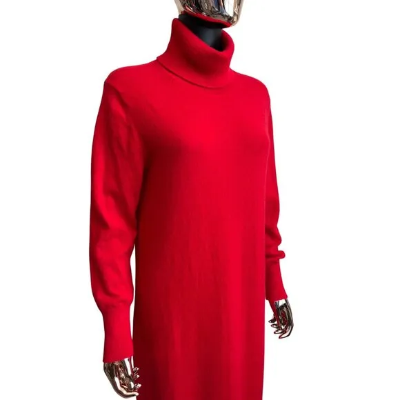 Charter Club Luxury 100% Cashmere Red Turtleneck Midi Sweater Dress M
