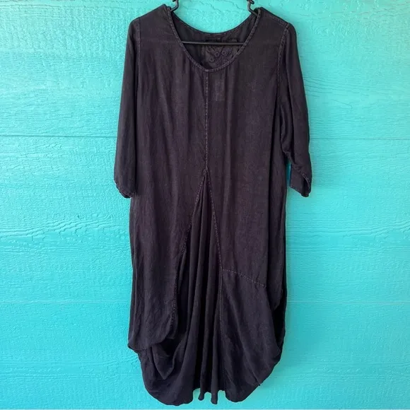 CHEYENNE LINEN LAGENLOOK MINIMALIST BLACK WASH MIDI DRESS SIZE MEDIUM