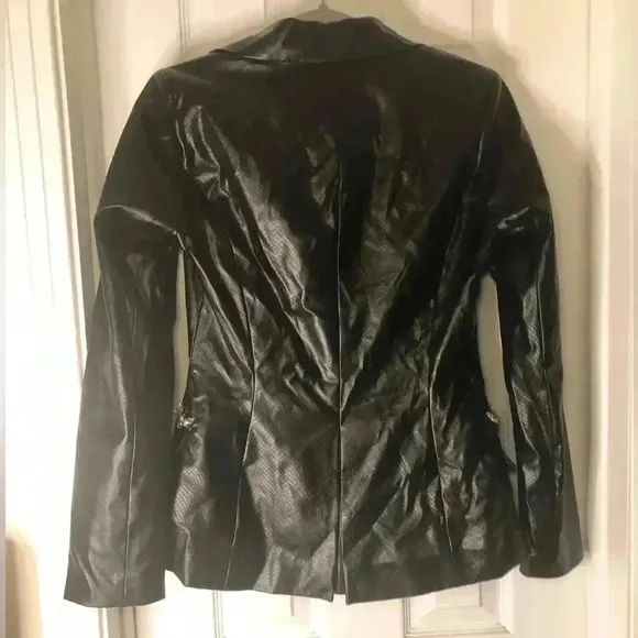 Chic Black Leather Jacket.  Snake Embossed Faux Leather Embellished Blazer