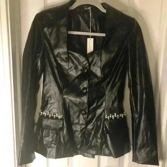Chic Black Leather Jacket.  Snake Embossed Faux Leather Embellished Blazer