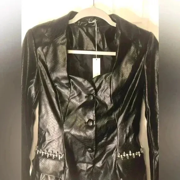Chic Black Leather Jacket.  Snake Embossed Faux Leather Embellished Blazer