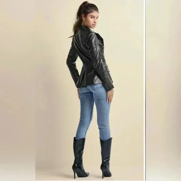 Chic Black Leather Jacket.  Snake Embossed Faux Leather Embellished Blazer