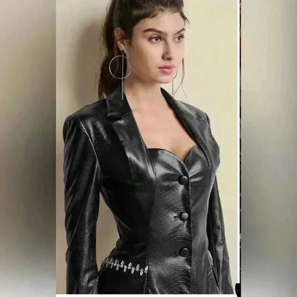 Chic Black Leather Jacket.  Snake Embossed Faux Leather Embellished Blazer