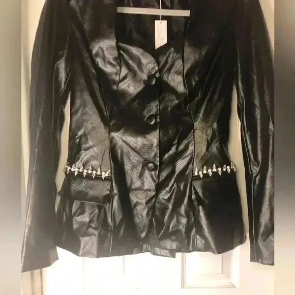 Chic Black Leather Jacket.  Snake Embossed Faux Leather Embellished Blazer