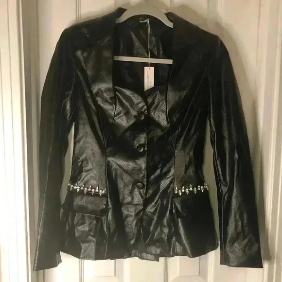 Chic Black Leather Jacket.  Snake Embossed Faux Leather Embellished Blazer