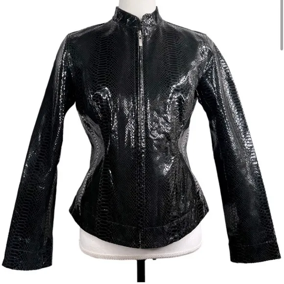 CHICOS Shine embossed snakeskin genuine leather jacket black US 4
