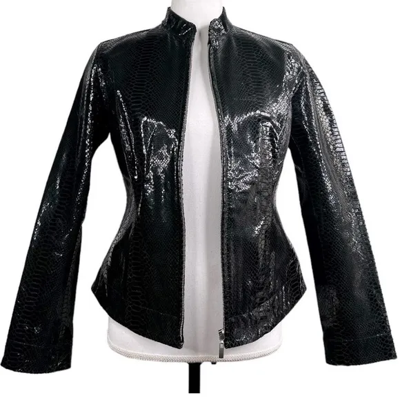 CHICOS Shine embossed snakeskin genuine leather jacket black US 4