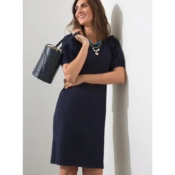 Chico's Textured Puff Sleeve Mini Dress Womens Sz 2 (L) Black Modal Quiet Luxury