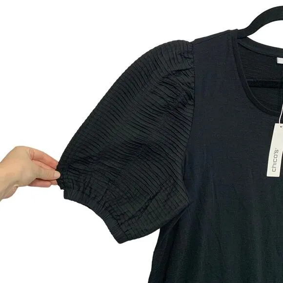 Chico's Textured Puff Sleeve Mini Dress Womens Sz 2 (L) Black Modal Quiet Luxury