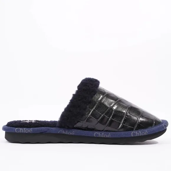 CHLOE SHEARLING SLIDE BLACK / NAVY Slippers Size EU 39 / US 9