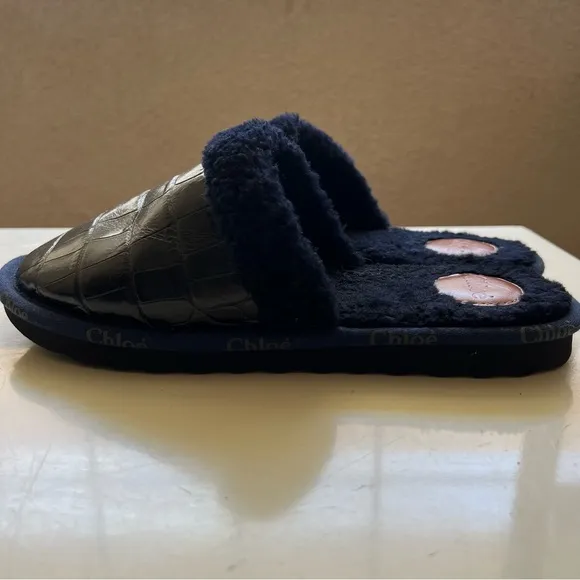 CHLOE SHEARLING SLIDE BLACK / NAVY Slippers Size EU 39 / US 9