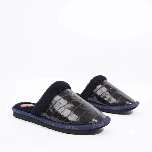 CHLOE SHEARLING SLIDE BLACK / NAVY Slippers Size EU 39 / US 9