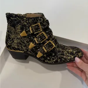 Chloe Susanna Velvet Black and Gold Ankle Boots Sz 39