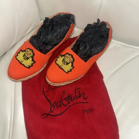 Christian Louboutin Orange Canvas Galia Espadrille Flats Shoes Dust Cover Size 7